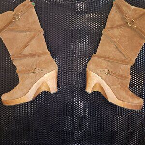 Suede Wood Wedge Heel Mid calf Boots